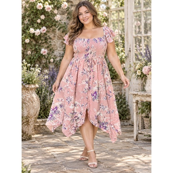 Xhilaration Dresses & Skirts - K298. Cottagecore Boho Smocked Midi Dress Button Front High Low Tulip Hem